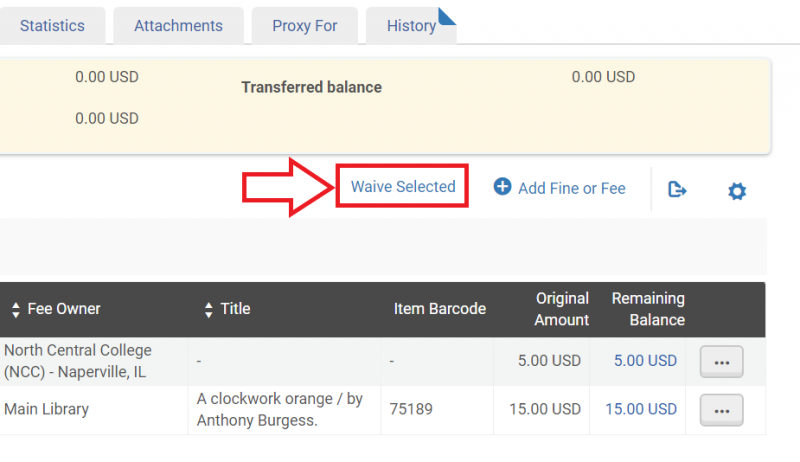 An image of the fines slash fees tab of the user details screen with Waive Selected highlighted