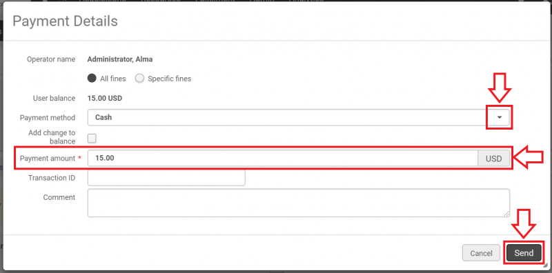 An image of the Payment Details screen with the Payment method drop down arrow, the Payment amount field, and the Save button highlighted