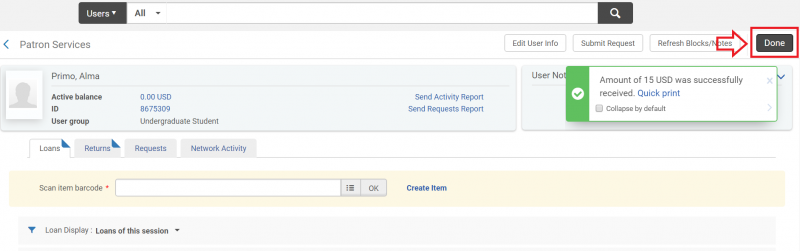 An image of the Patron Services screen with a dialog box displayed and the Done button highlighted