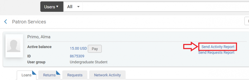 An image of the Patron Services screen with Send Activity Report highlighted