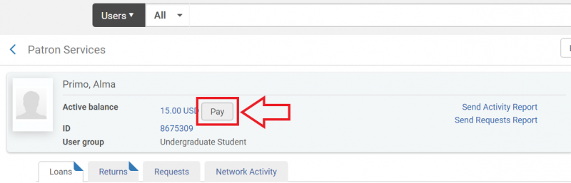 An image of the Patron Services screen with the Pay button highlighted