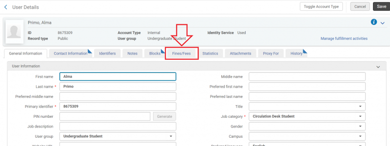 An image of the User Details screen with the Fines slash Fees tab highlighted