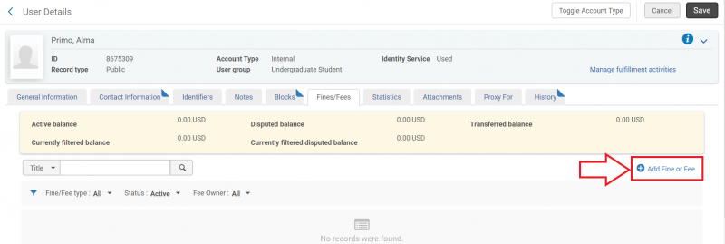 An image of the User Details screen with Add Fine or Fee highlighted