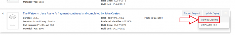 An image of an item hold record with the more actions menu deployed and Mark as Missing highlighted