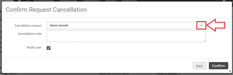 An image of the confirm request cancellation screen with the cancellation reason drop down arrow highlighted