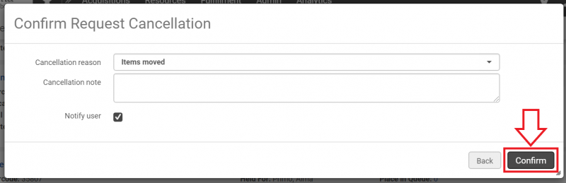 An image of the confirm request cancellation screen with the confirm button highlighted
