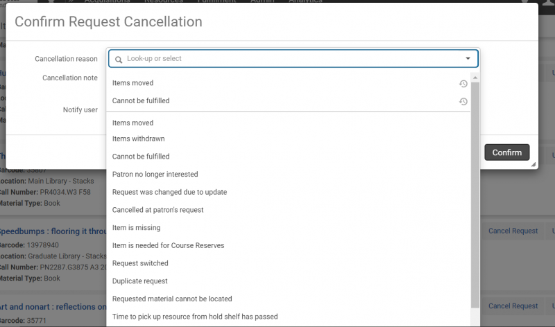 An image of the confirm request cancellation screen with the cancellation reason menu deployed