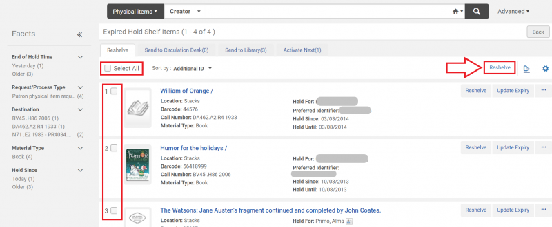 An image of the Expired Hold Shelf Items screen with the Select All and item check boxes and the primary Reshelve button highlighted