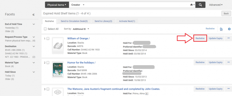 An image of the Expired Hold Shelf Items screen with an item's Reshelve button highlighted