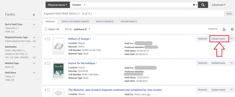 An image of the Expired Hold Shelf Items screen with the Update Expiry button highlighted