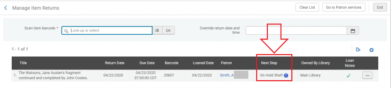An image of the Manage Item Returns screen with Next Step On Hold Shelf highlighted