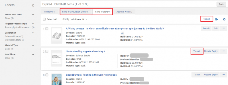 An image of the Expired Hold Shelf Items screen with the Send to Circulation Desk tab, send to library tab, and two transit buttons highlighted