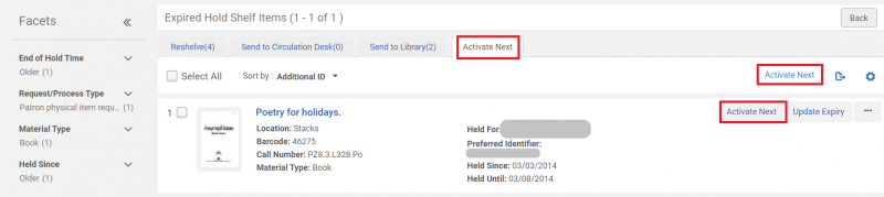 An image of the Expired Hold Shelf Items screen with the Activate Next tab and Activate Next buttons highighted