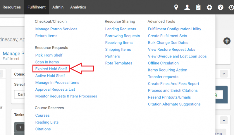 An image of the main Alma screen with the Fulfillment menu deployed and Expired Hold Shelf highlighted
