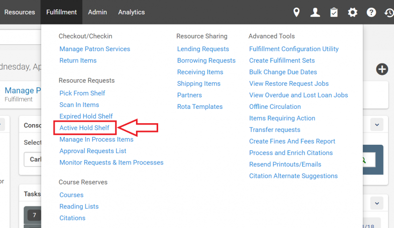 An image of the main Alma screen with the Fulfillment menu deployed and Active Hold Shelf highlighted
