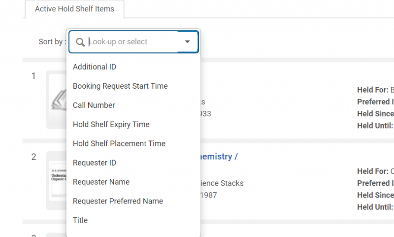 An image of the Active Hold Shelf Items screen with the Sort by drop down menu deployed