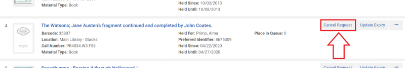 An image of a item hold record with the Cancel button highlighted