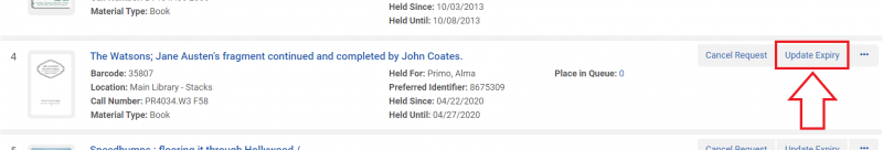 An image of a item hold record with the Update Expiry button highlighted