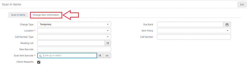 An image of the Scan in items screen with the Change item information tab highlighted