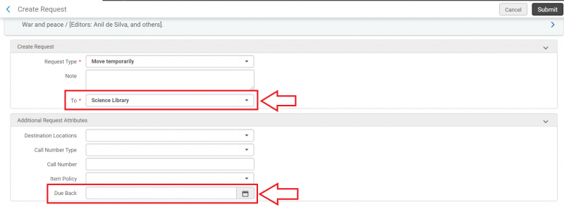 An image of the Create Request screen with the Move temporarily request type selected and the To and Due Back fields highlighted