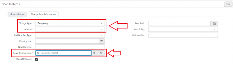 An image of the Change item information tab of the Scan in items screen. The Change Type, Location, and Scan item barcode fields are highlighted