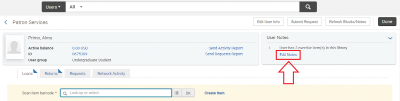 An image of the Patron Services screen with Edit Notes highlighted