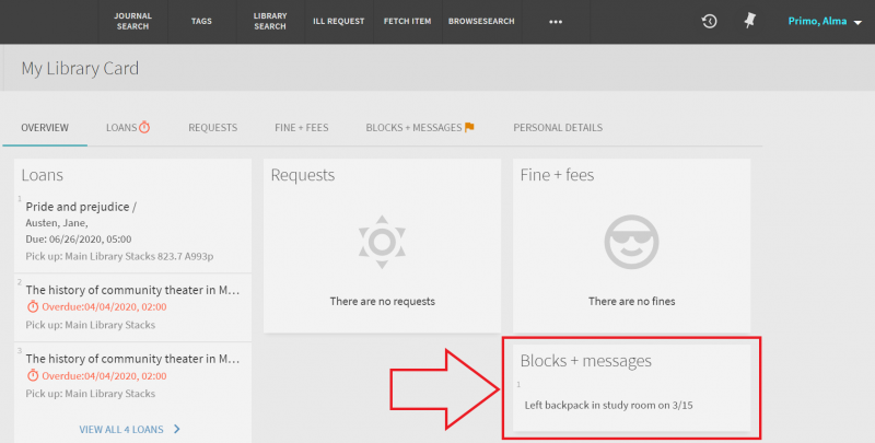 An image of the My Library Card screen with the Blocks and Messages section highlighted
