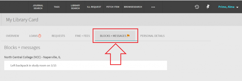 An image of the My Library Card screen with the blocks and messages tab deployed and highlighted