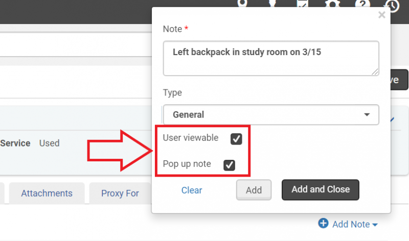 The add note drop down with the user viewable and pop up note boxes highlighted