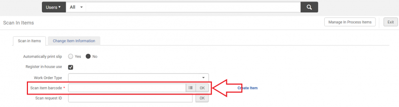 An image of the Scan In Items screen with the Scan Item Barcode field highlighted