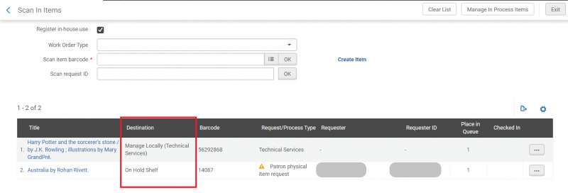 An image of the Scan In Items screen showing a list of scanned in items. The item destination section of the list is highlighted