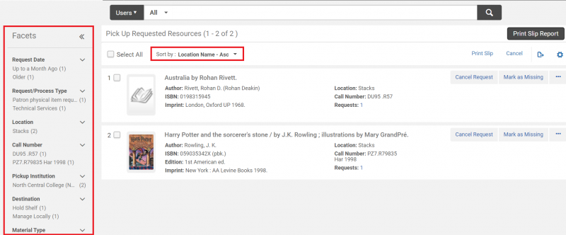 An image of the Pick Up Requested Resources screen with the facets field and the sort by option highlighted