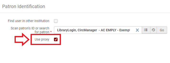 An image of the Patron Identification screen with the "Use proxy" box checked and highlighted