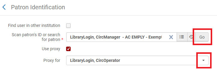An image of the Patron Identification screen with the "Proxy for" field visible and the drop down menu and "Go" buttons highlighted