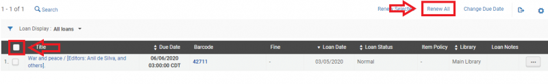 An image of the "Loan Display: All loans" screen with the top selector box and the "Renew All" button highlighted