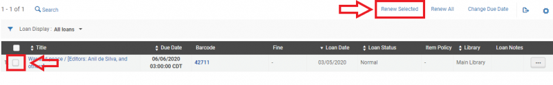 An image of a "Loan Display: All loans" screen with a selection box and the "Renew Selected" button highlighted