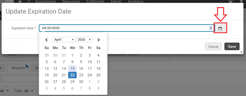 An image of the Update Expiration Date screen with the drop down calendar deployed and the calendar button highlighted