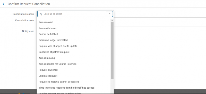 An image of the Confirm Request Cancellation screen with the Cancellation reason menu deployed
