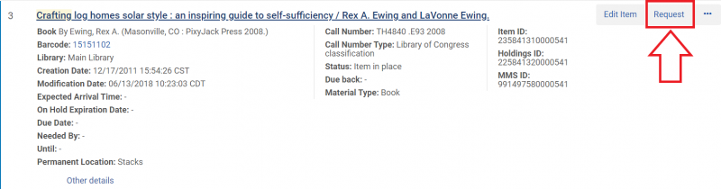 An image of an item record with the request button highlighted