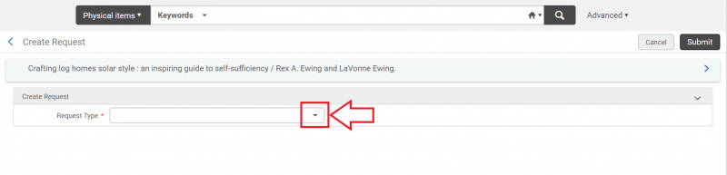 An image of the create request screen with the request type drop down arrow highlighted
