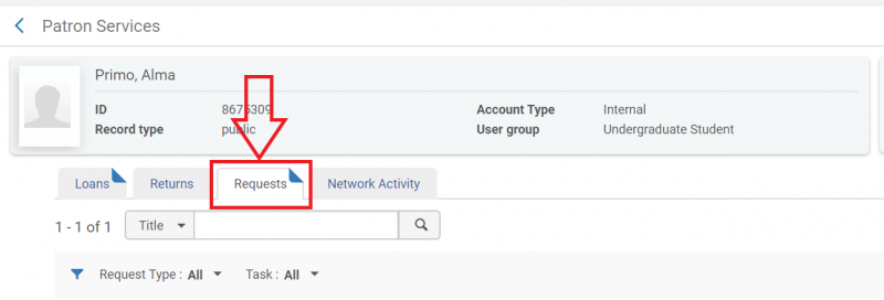 An image of the Patron Services screen with the Requests tab highlighted
