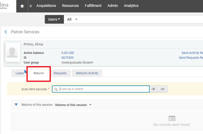 An image of the Patron Services screen with the "Returns" tab highlighted