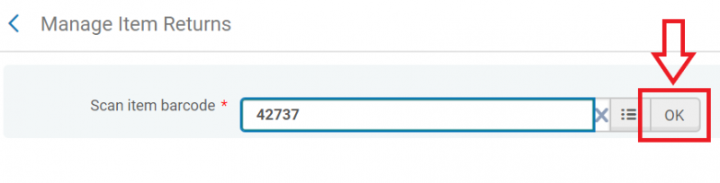 An image of the "Scan item barcode" field with a barcode entered and the "OK" button highlighted