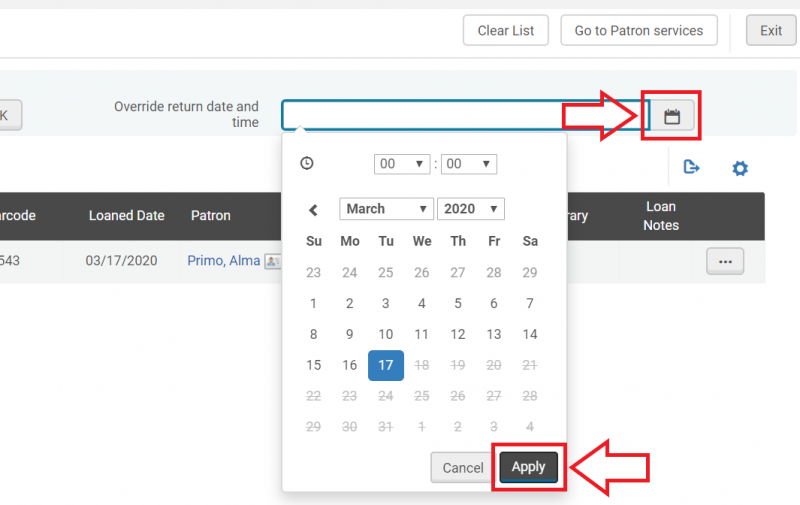 An image of the "Override return date and time" field with the calendar drop down menu deployed and the calendar and "Apply" buttons highlighted