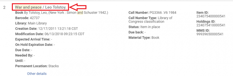 An image of an item record with the title and author (War and peace / Leo Tolstoy) highlighted
