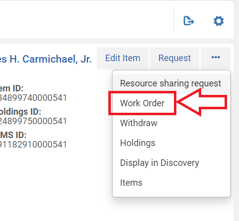 An image of the "More actions" drop down menu with "Work Order" highlighted