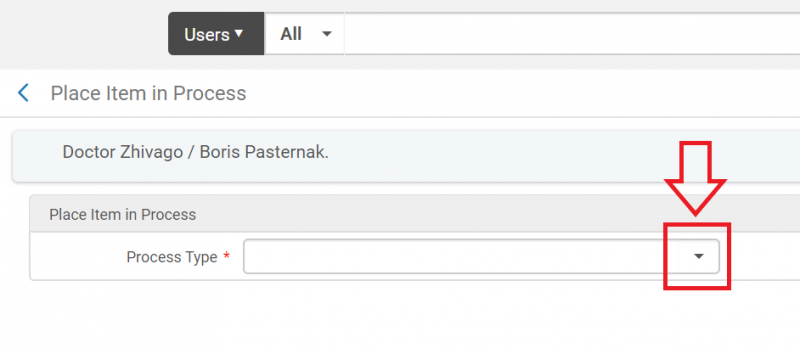 An image of the Place Item in Process screen, with the down arrow in the "Process Type" field highlighted