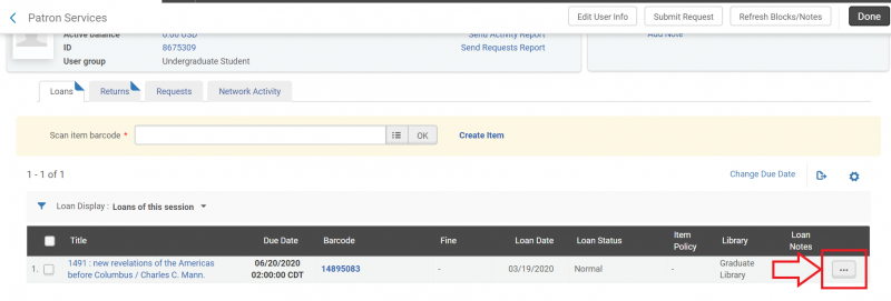 An image of a Patron Services screen with an ellipsis under Loan Notes highlighted