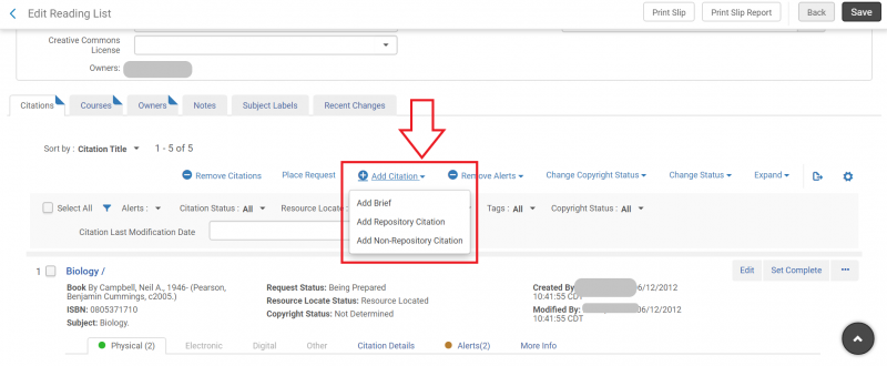 An image of the Edit Reading List screen with the add citation drop down menu deployed and highlighted