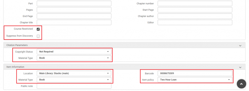 An image of the bottom half of the Quick Cataloging screen, with several fields highlighted